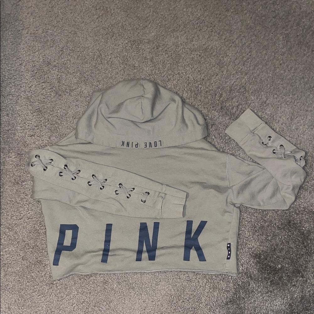 Victoria's Secret Olive Hoodie with Pink Logo & Detailed Sleeves